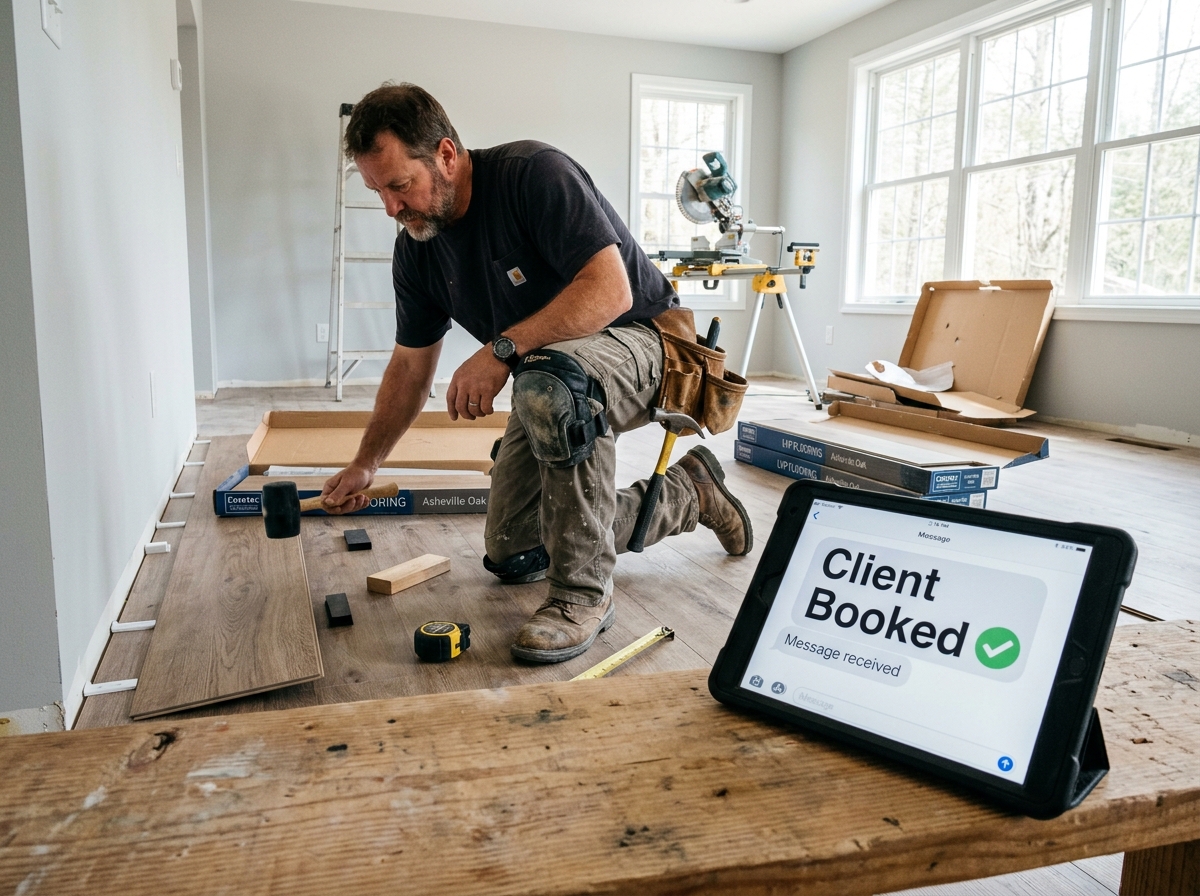 Trade contractor installing flooring on jobsite with iPad on bench clearly displaying Client Booked message