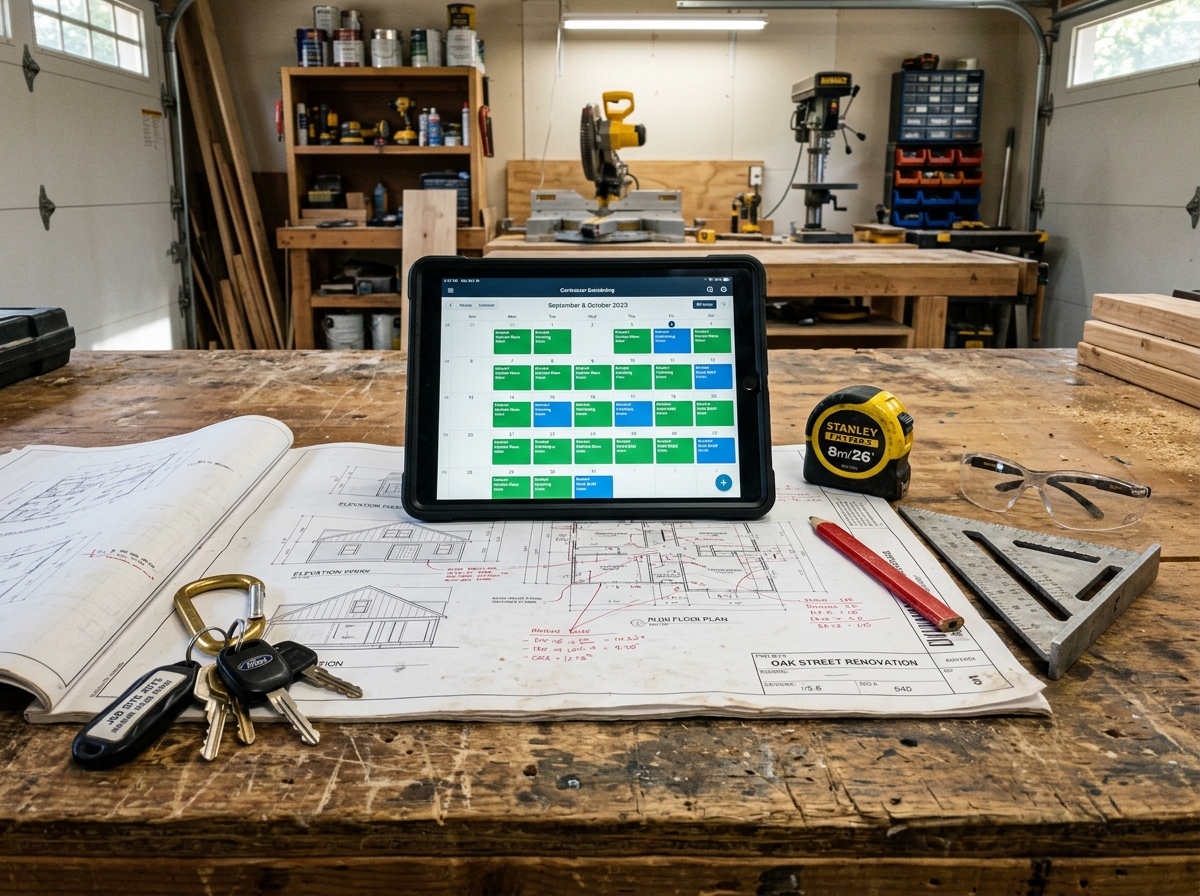 Contractor workbench with blueprints, trade tools, and full 60-day booked schedule